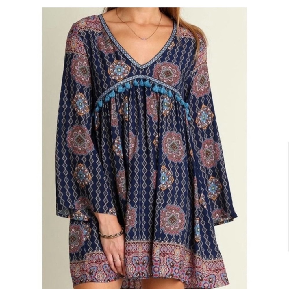 Umgee Navy and Pink Boho Midi Dress